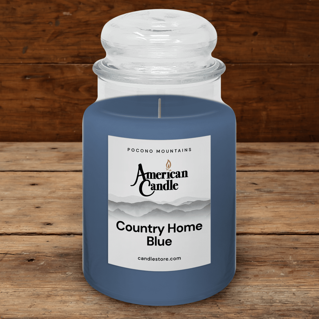 American Candle Country Home Blue Scented Jar Candle on a wooden background