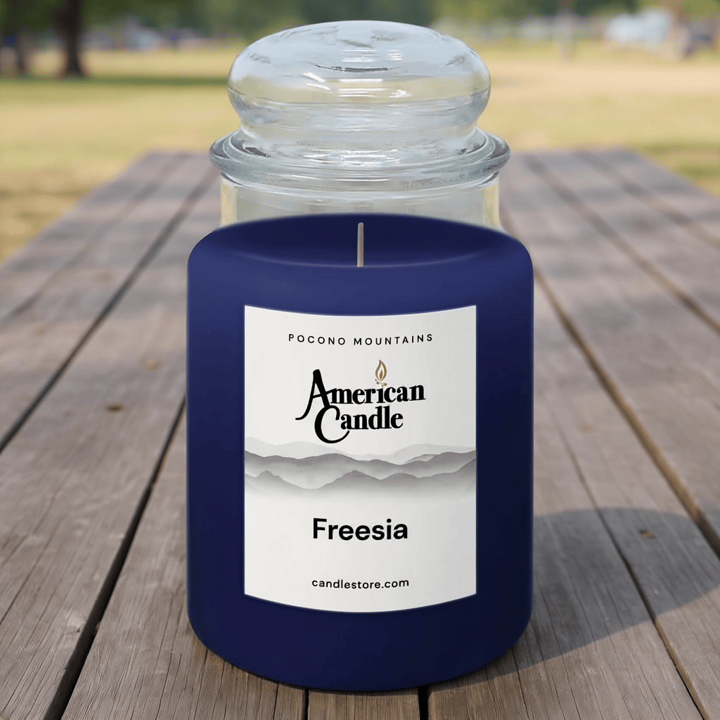American Candle Freesia Scented Jar Candle on a Picnic Table