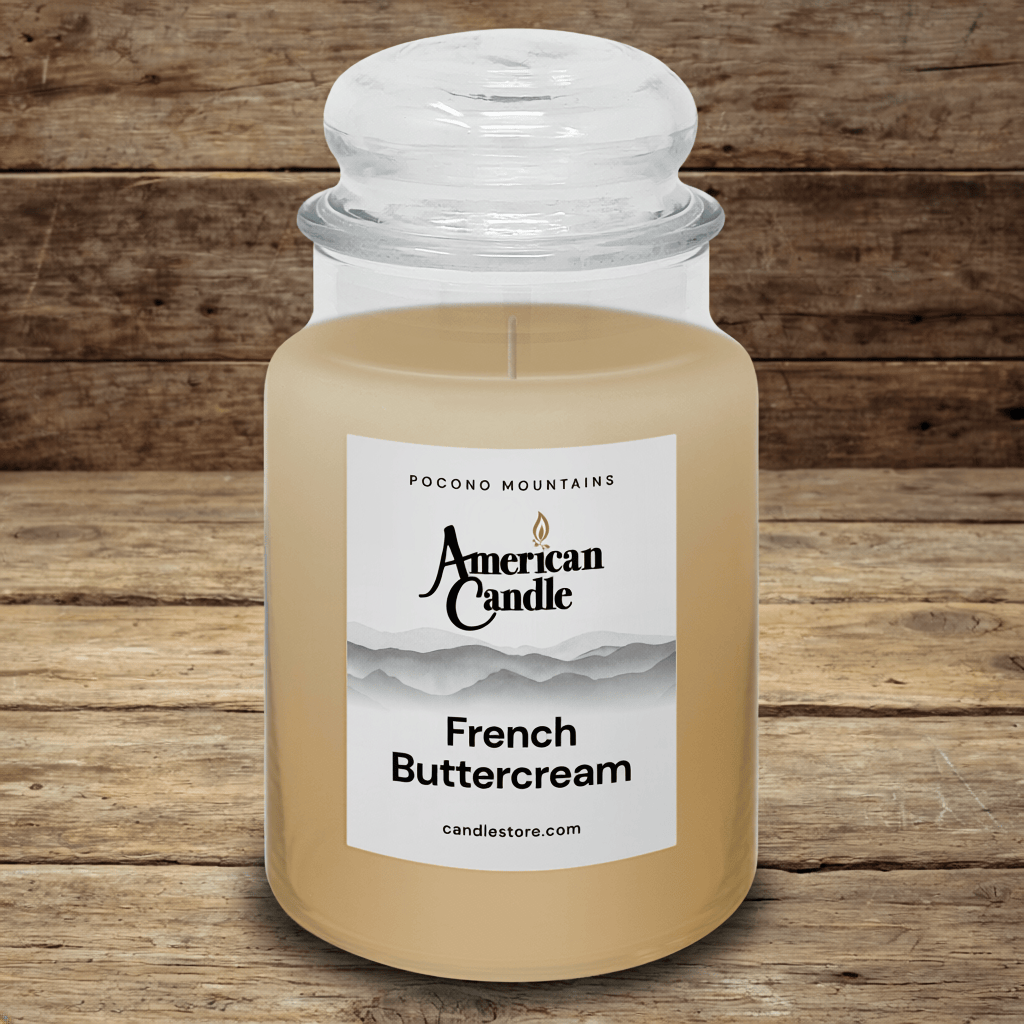American Candle French Buttercream Scented Jar Candle on a wooden table