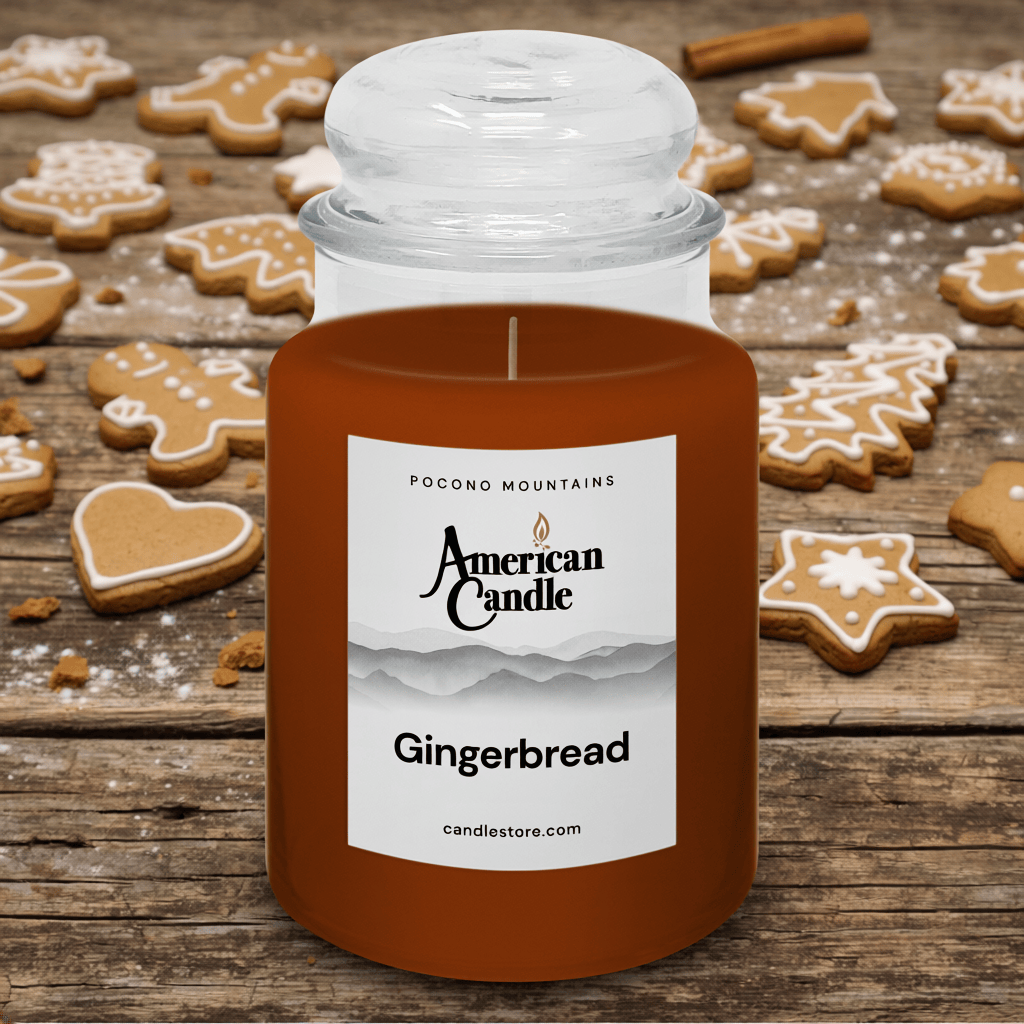 American Candle Gingerbread Scented Jar Candle on a Wooden Table with Gingerbread Cookies on the Table