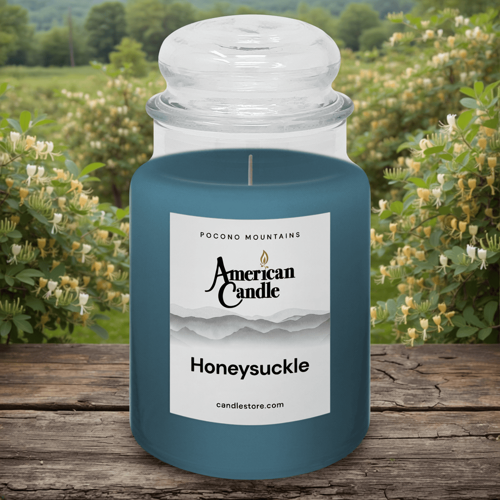 American Candle Honeysuckle Scented Jar Candle on a Wooden Table in fron of a Honeysuckle Orchard
