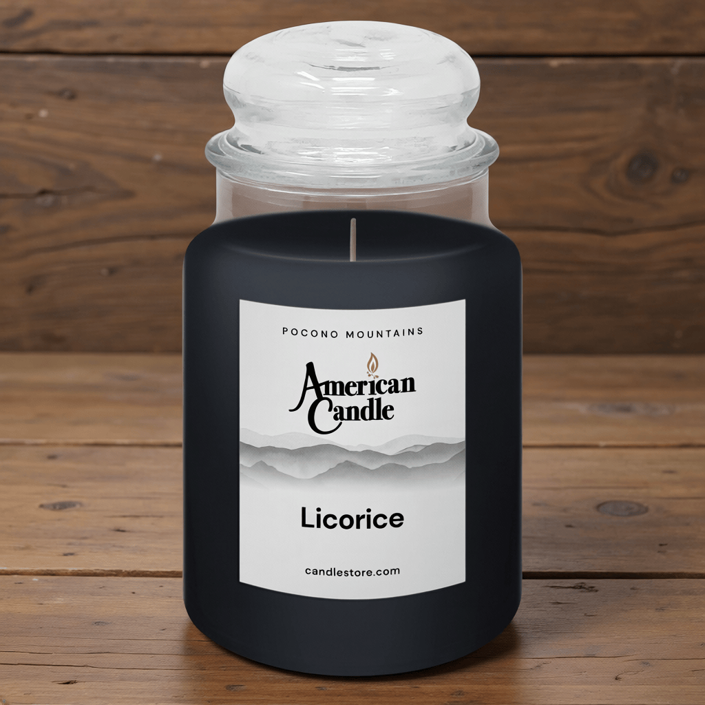 American Candle Licorice Scented Jar Candle on a Wooden Table