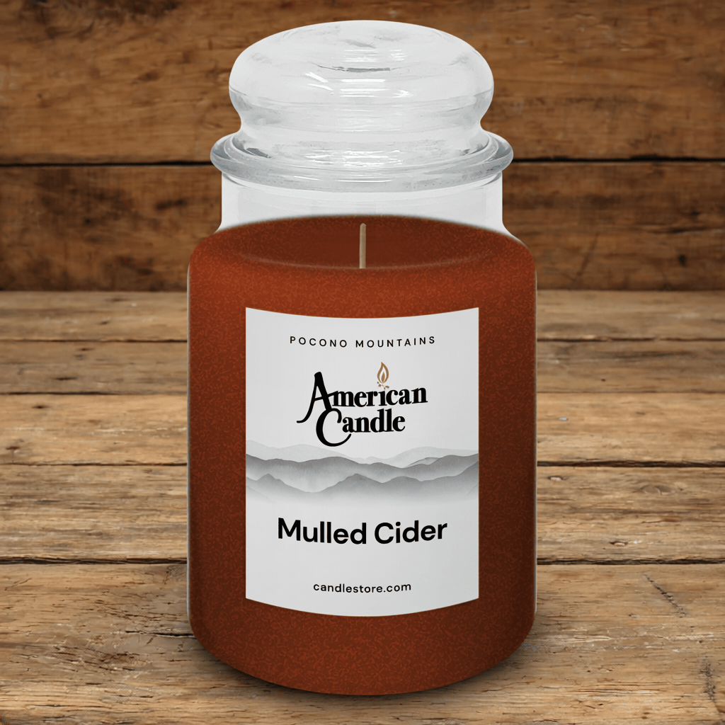 American Candle Mulled Cider scented jar candle on a wooden table