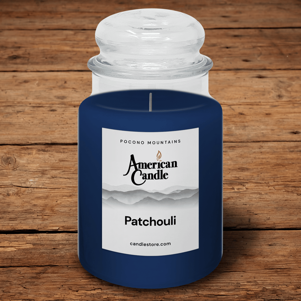 American Candle Patchouli Scented 22oz Glass Jar Candle on wooden table
