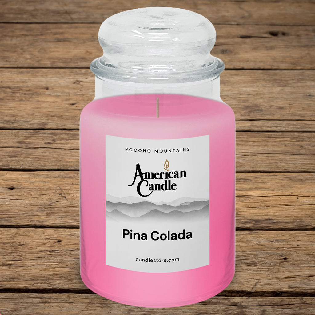 American Candle Pin Colada Scented Jar Candle on old wooded table