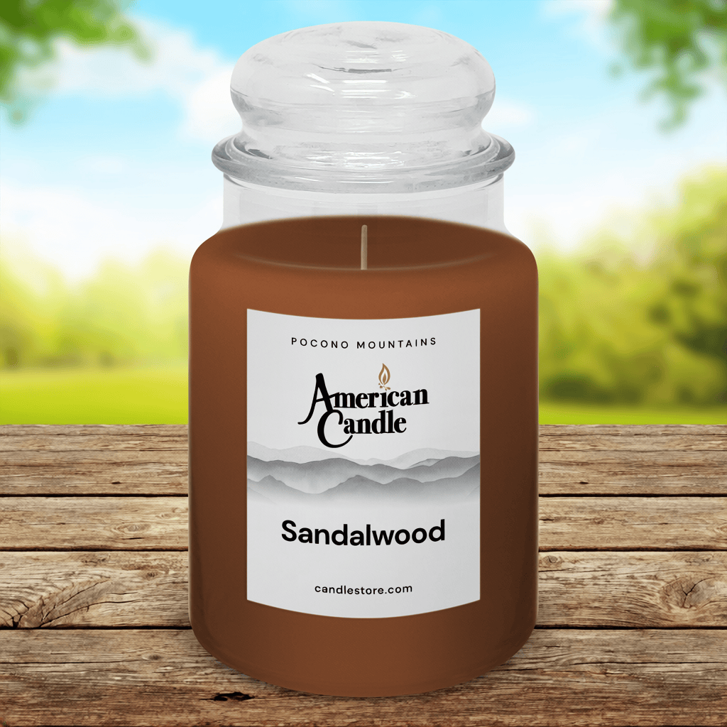 American Candle Sandalwood Scented Jar Candle on a Wooden Table during a Sunny Summer Day