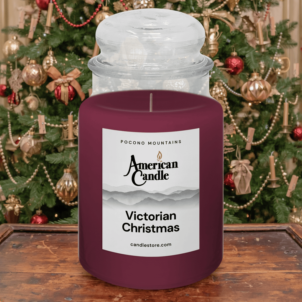 American Candle Victorian Christmas Jar Scented Candle in front of a decorated Holiday Christmas tree