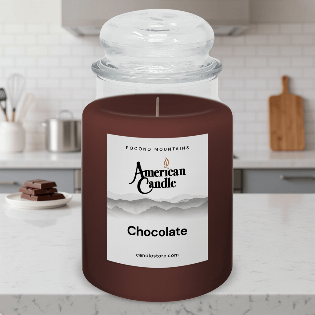 American Candle Chocolate-scented jar candle on a Kitchen Cabinet with Chocolate Candy