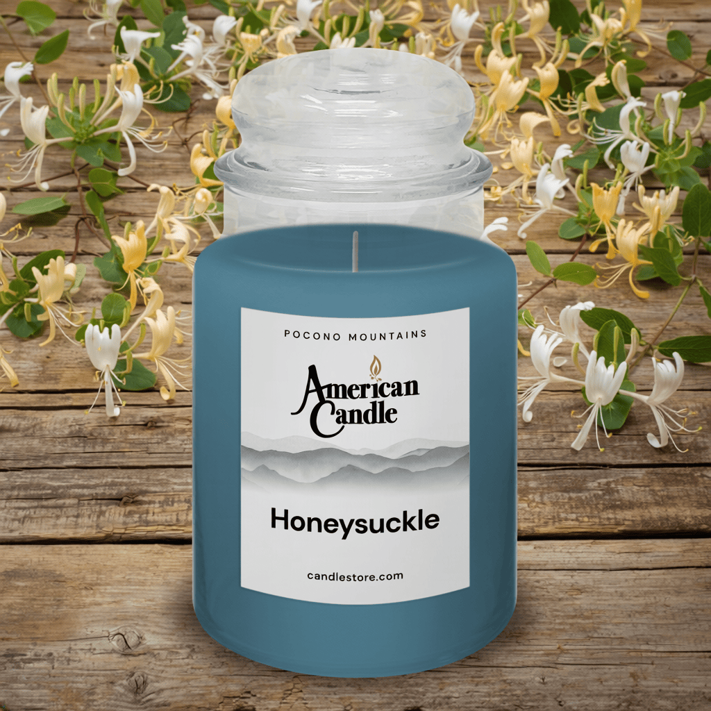 American Candle Honeysuckle Scented Jar Candle on a wooden table with Honeysuckle flowers in the background