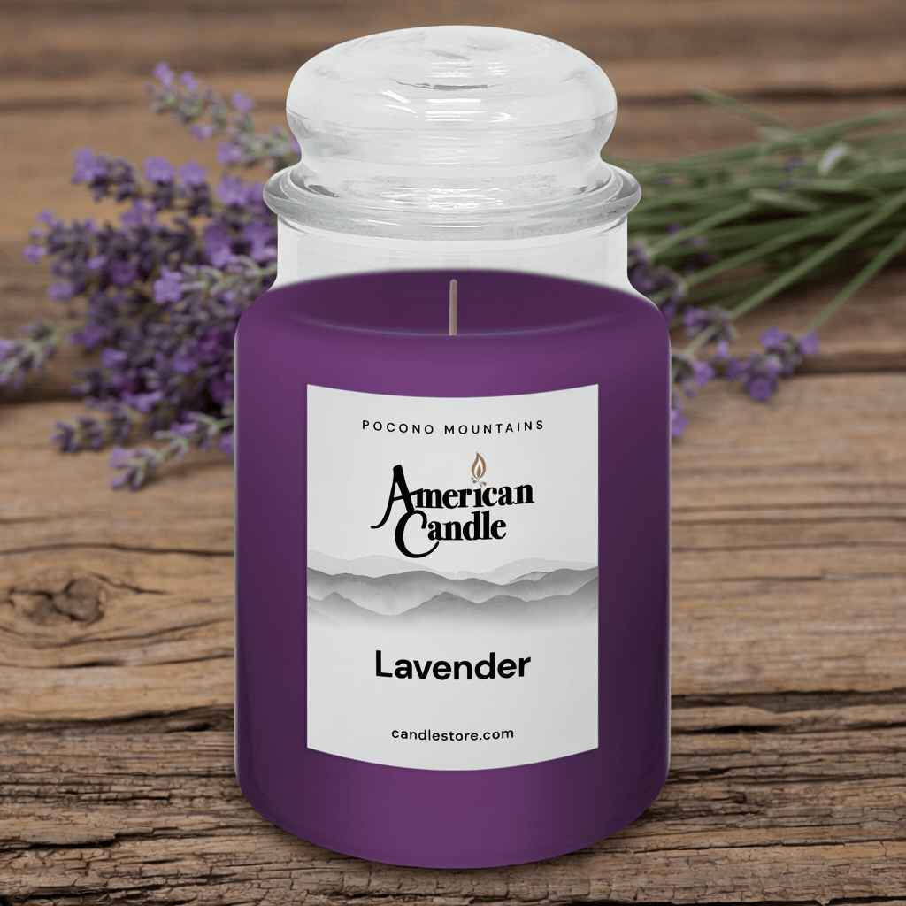 American Candle Lavender Scented Jar candle on wooden table with lavender flowers