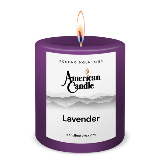 American Candle Lavender 3x3 Scented Pillar Candle with Flame - Made in the USA