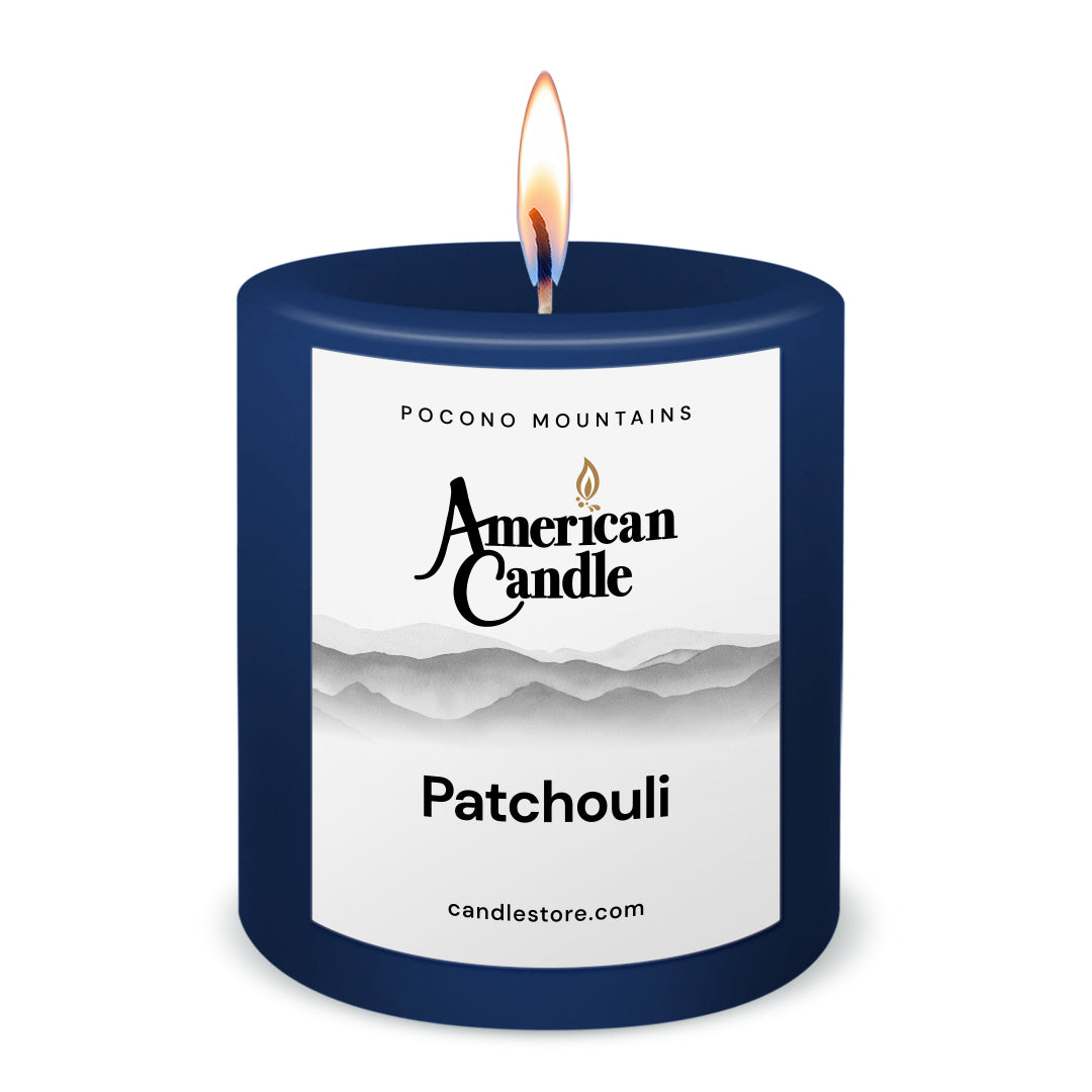 American Candle Patchouli 3x3 Scented Pillar Candle with Flame - Made in the USA