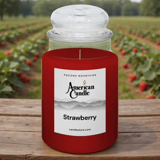 American Candle Strawberry scented jar candle on a wooden surface with a strawberries orcahrd field in the background