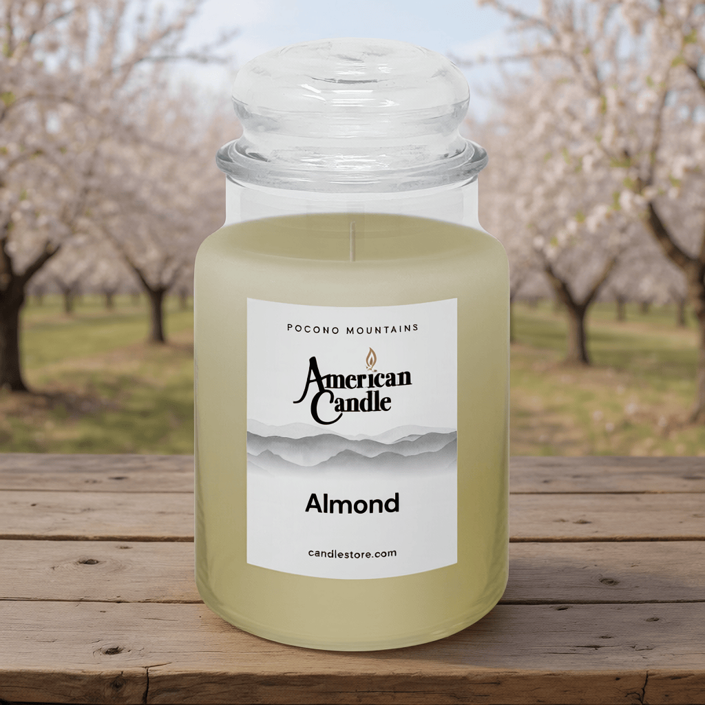 American Candle Almond Scented Jar Candle on a wooden table in Almond Orchard