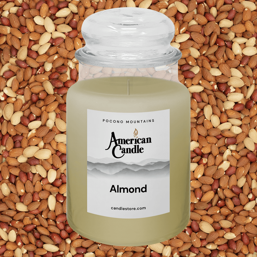 American Candle Almond scented jar candle surrounded by almonds