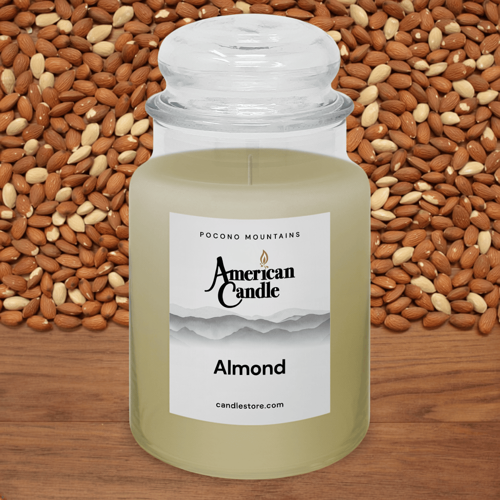 American Candle Almond scented jar candle with almonds in the background