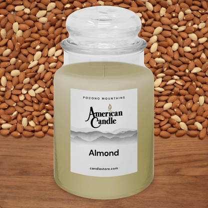 American Candle Almond scented jar candle with almonds in the background