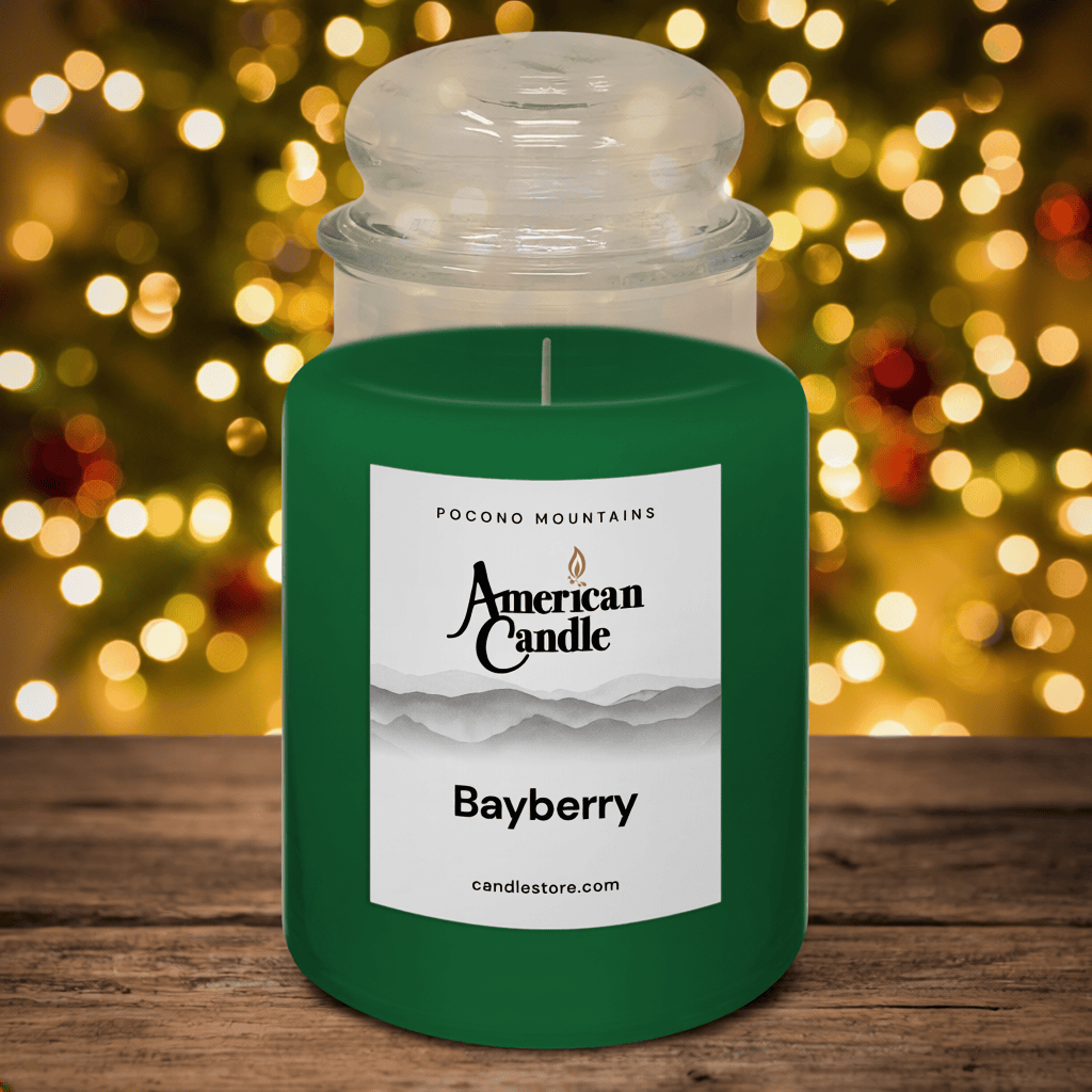 American Candle Bayberry Scented Jar Candle on Wooden Table with Holiday Christmas Lights in the Background