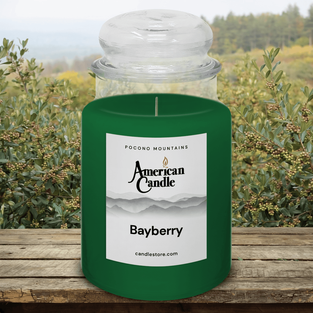 American Candle Bayberry Scented Jar Candle on a Wooden Table  with Bayberry Orchard in Background