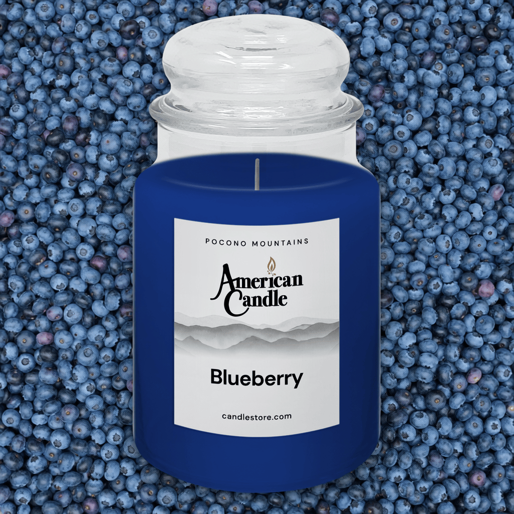 American Candle Blueberry scented jar candle with a blueberries background