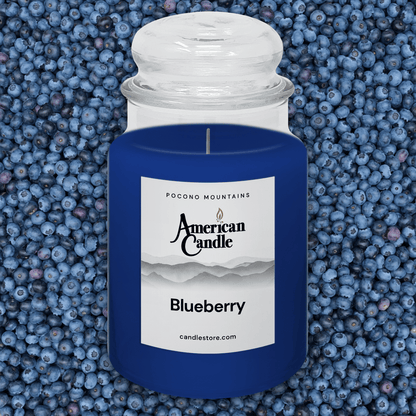 American Candle Blueberry scented jar candle with a blueberries background