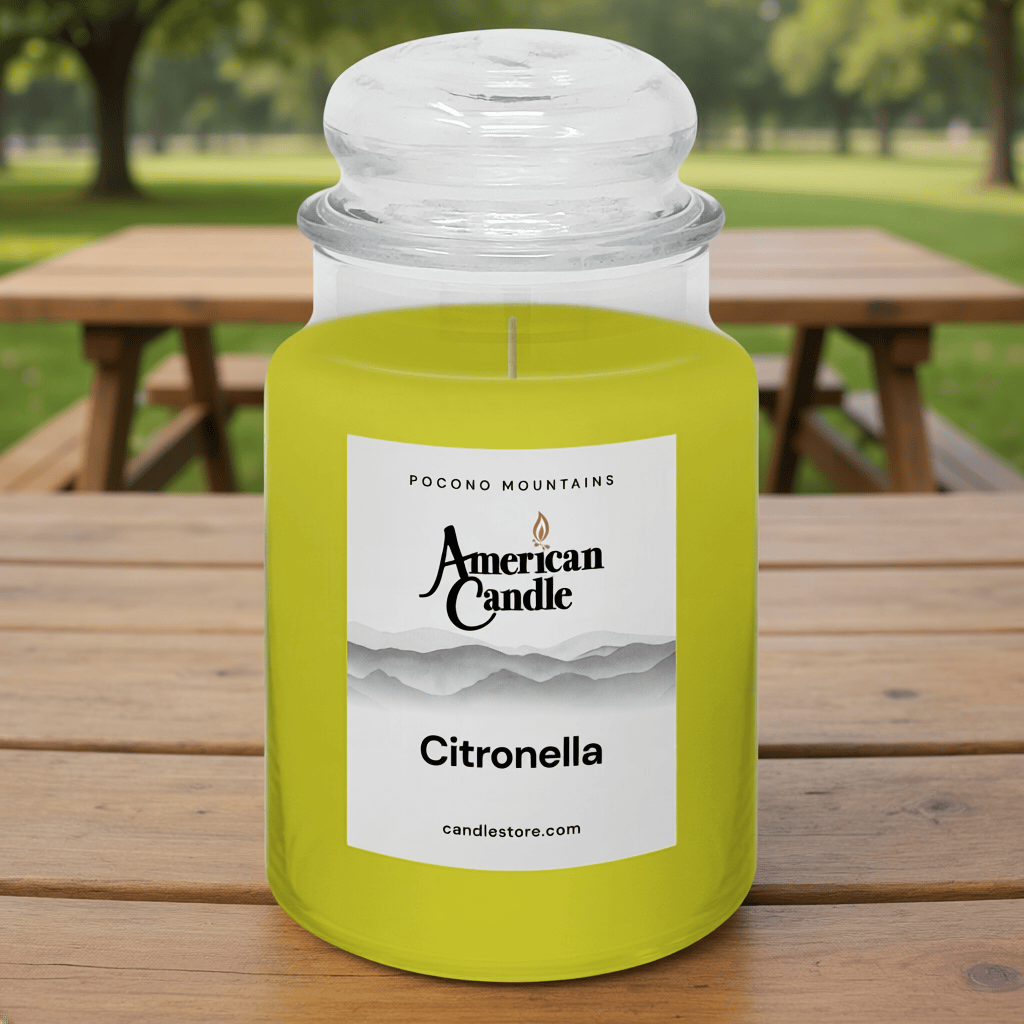 American Candle Citronella Scented Jar Candle on a wooden table with a park background