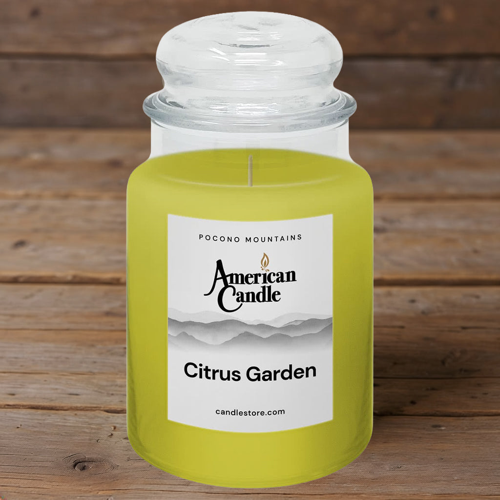 American Candle Citrus Garden Scented Jar Candle on a wooden table