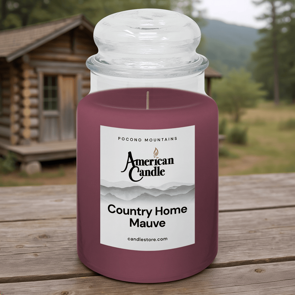 American Candle County Home Mauve Scented Jar Candle on Wooden Table outside a Log Cabin