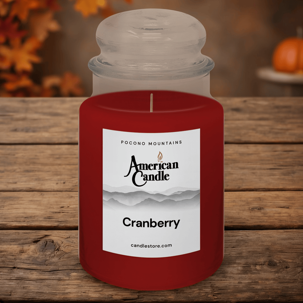 American Candle Cranberry Scented Jar Candle on a wooden table with autumn leaves and fall scene in the background