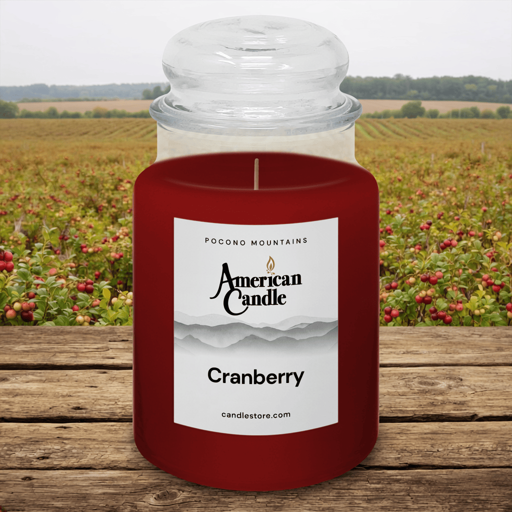 American Candle Cranberry Scented Jar Candle on a Wooden Table outside a Cranberries Orchard