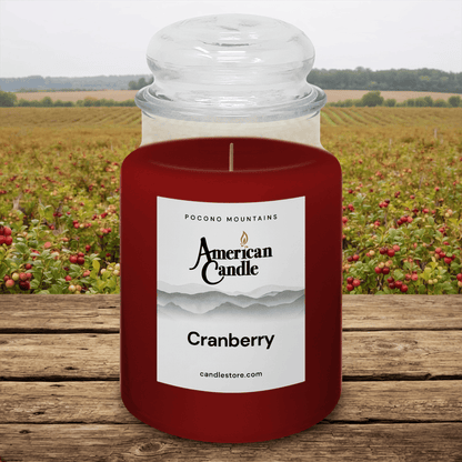 American Candle Cranberry Scented Jar Candle on a Wooden Table outside a Cranberries Orchard