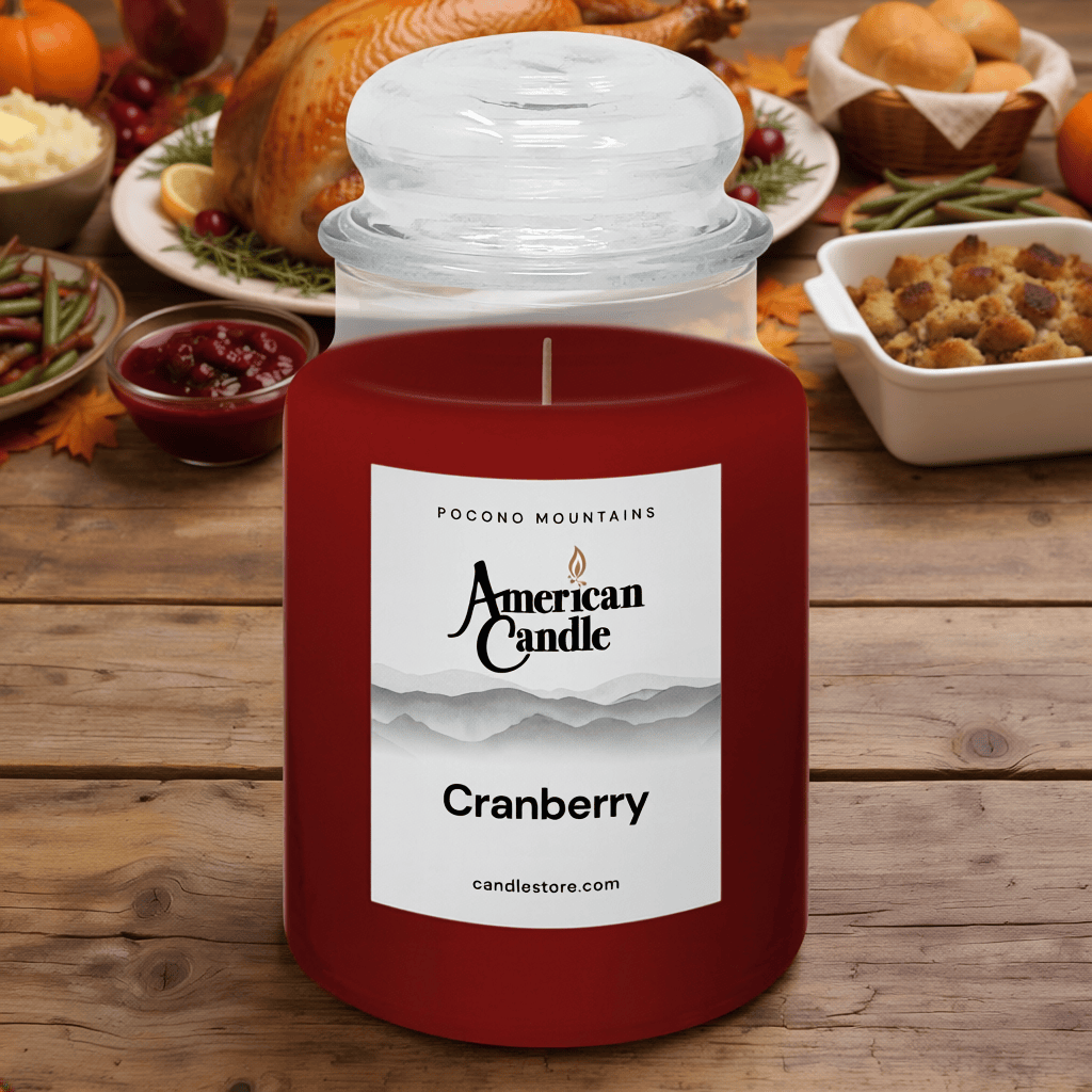 American Candle Cranberry Scented Jar Candle on Wooden Table in front of a Thanksgiving Dinner