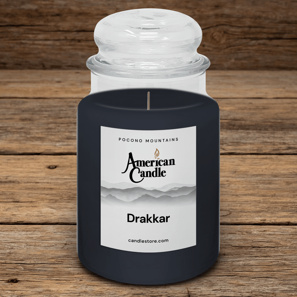 American Candle Drakkar Scented Jar Candle on old wooded table