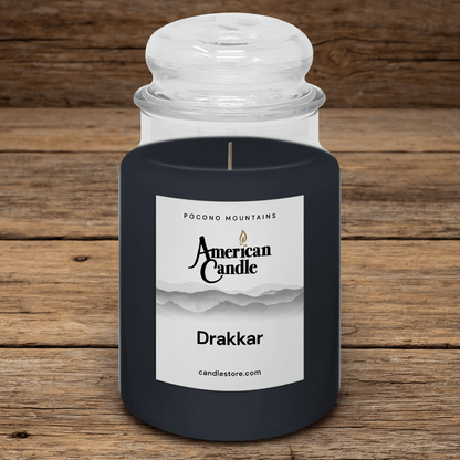 American Candle Drakkar Scented Jar Candle on old wooded table