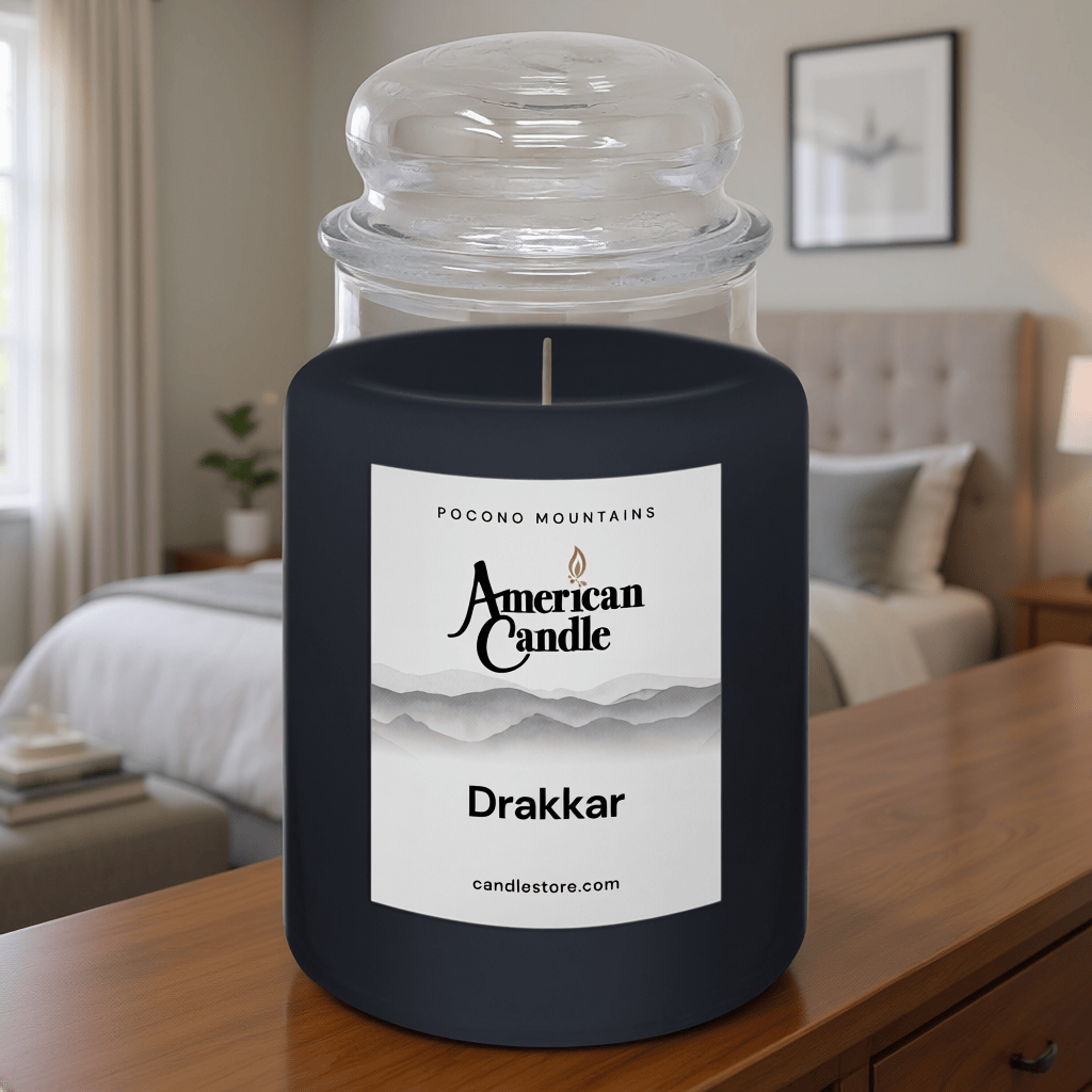 American Candle Drakkar Scented Jar Candle on a Bedroom Dresser