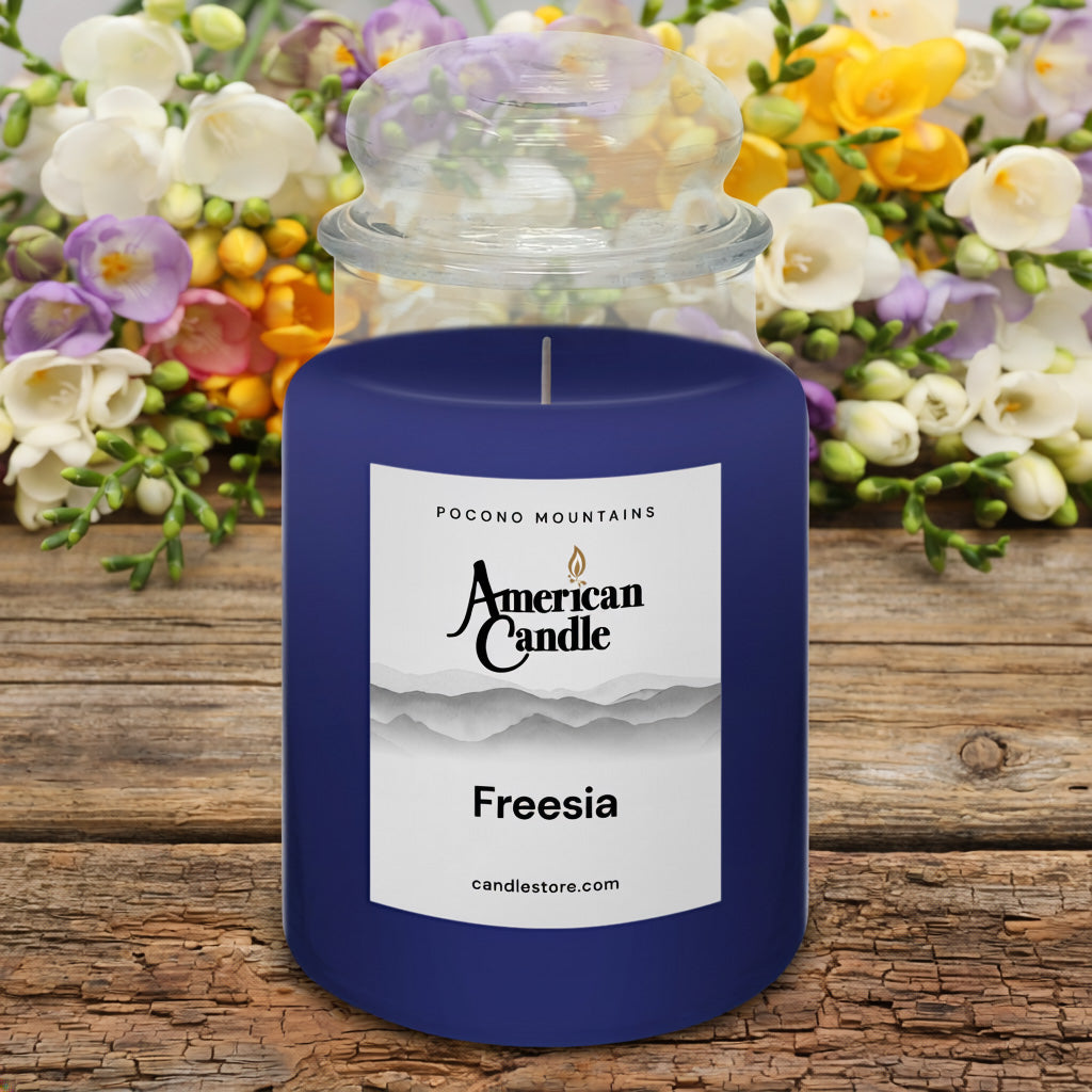 American Candle Freesia scented jar candle on a wooden table with flowers in the background