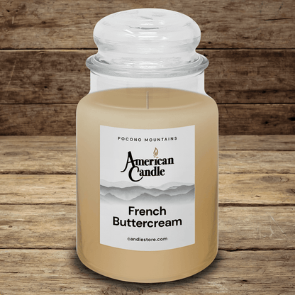 American Candle French Buttercream Scented Jar Candle on a wooden table
