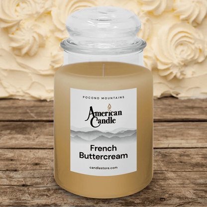 American Candle French Buttercream Scented Jar Candle on a Wooden Table