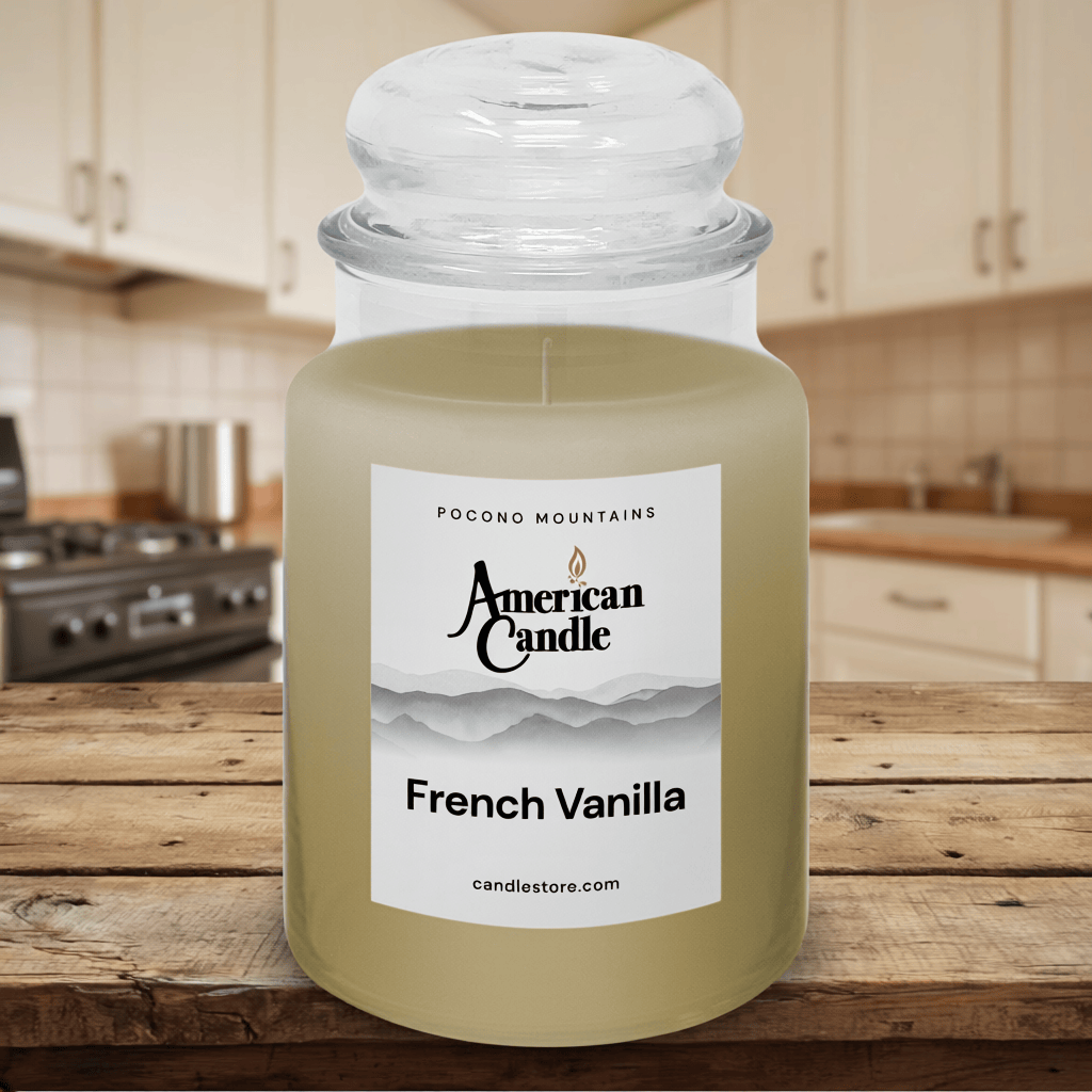American Candle French Vanilla Scented Jar Candle on a Wooden Table in the Kitchen