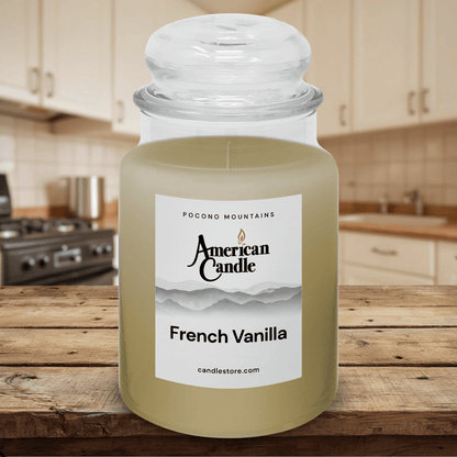 American Candle French Vanilla Scented Jar Candle on a Wooden Table in the Kitchen