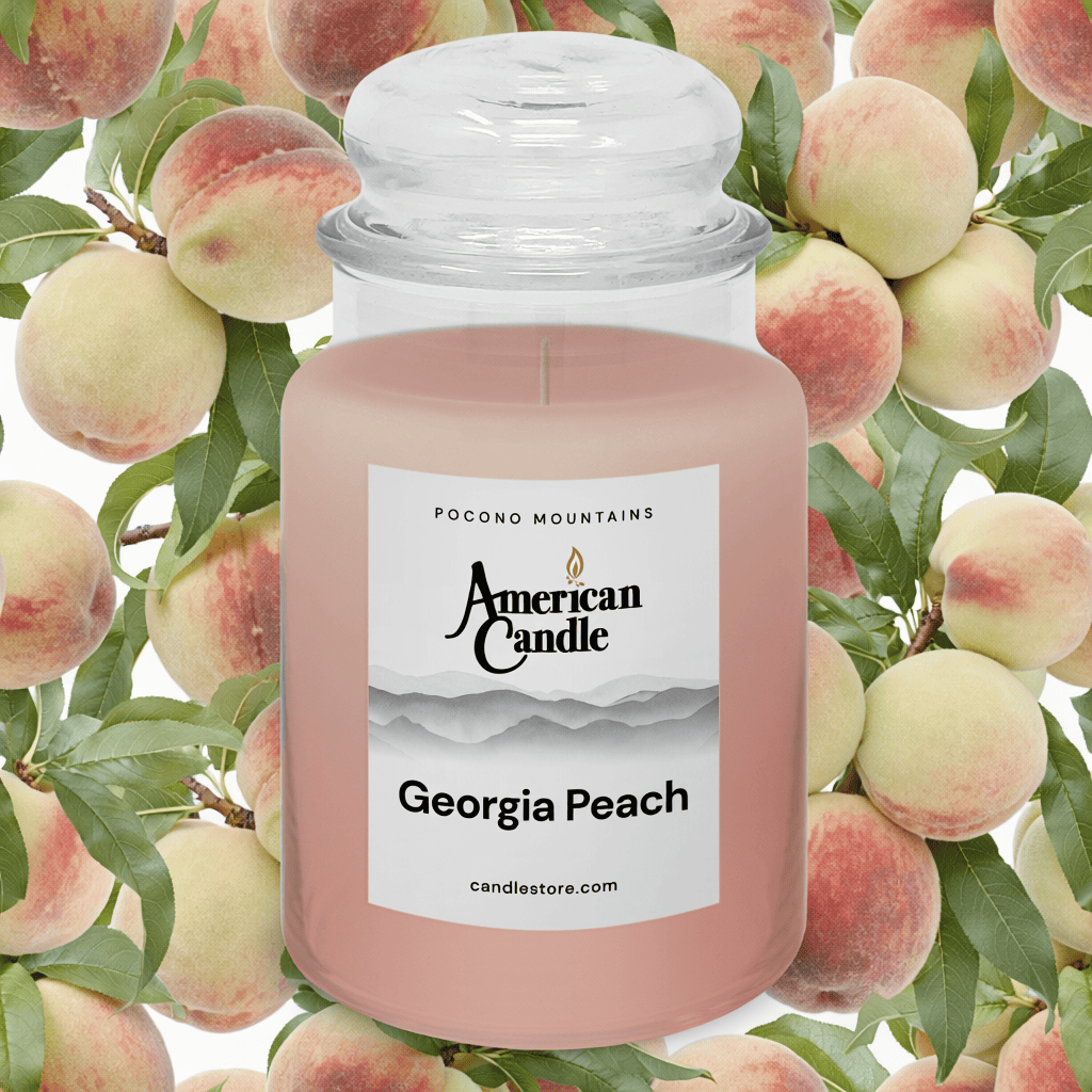 American Candle Georgia Peach scented Jar candle with peach tree orchard in background