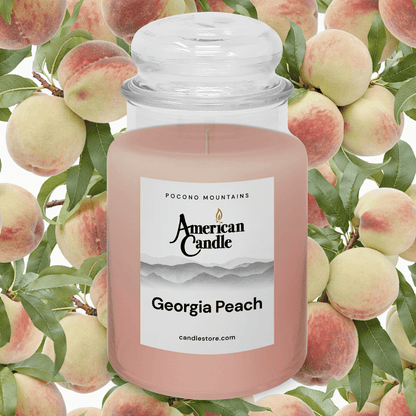 American Candle Georgia Peach scented Jar candle with peach tree orchard in background