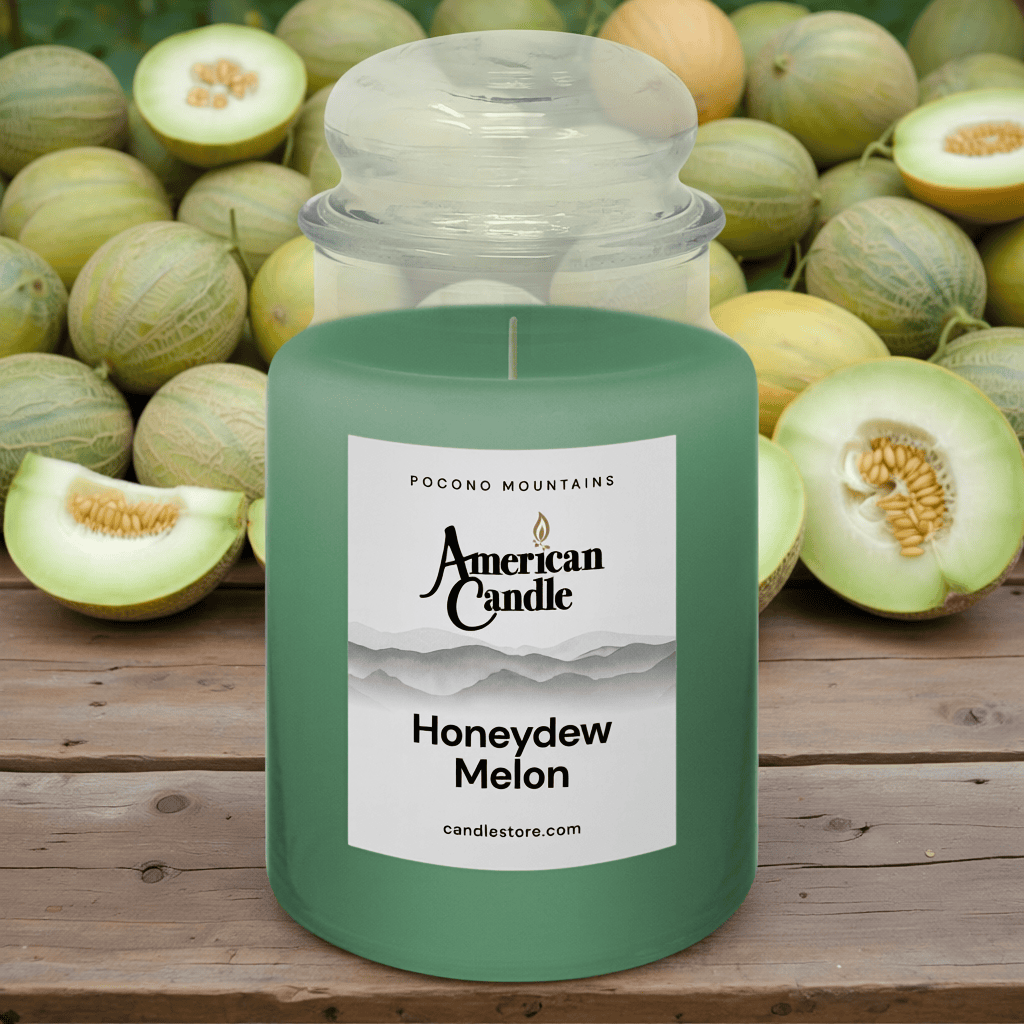 American Candle Honeydew Melon Scented Jar Candle on a Wooden Table with Honeydew Melons on the table