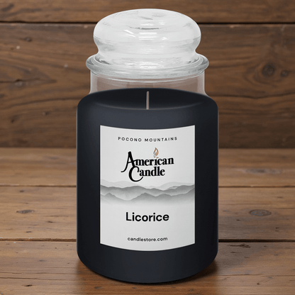 American Candle Licorice Scented Jar Candle on a Wooden Table