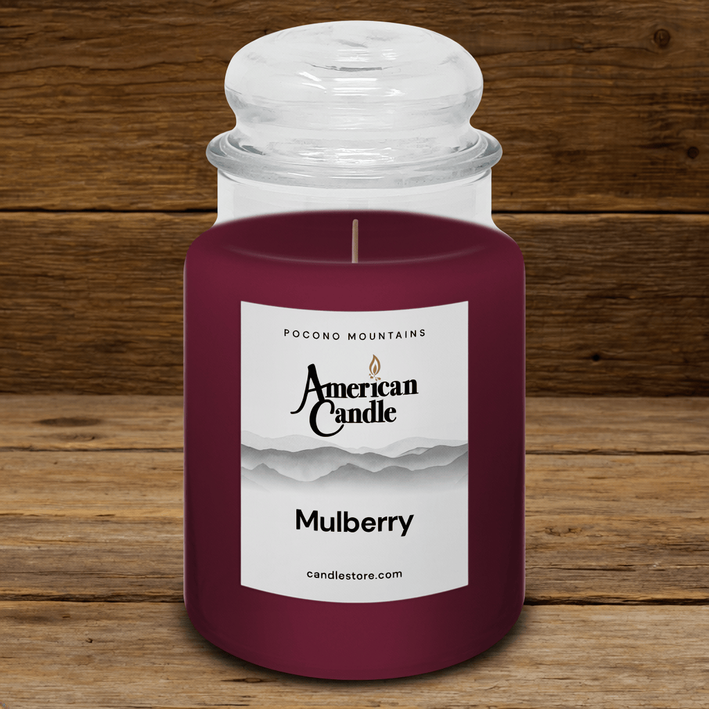 American Candle Mulberry Scented Jar Candle on a Wooden Table