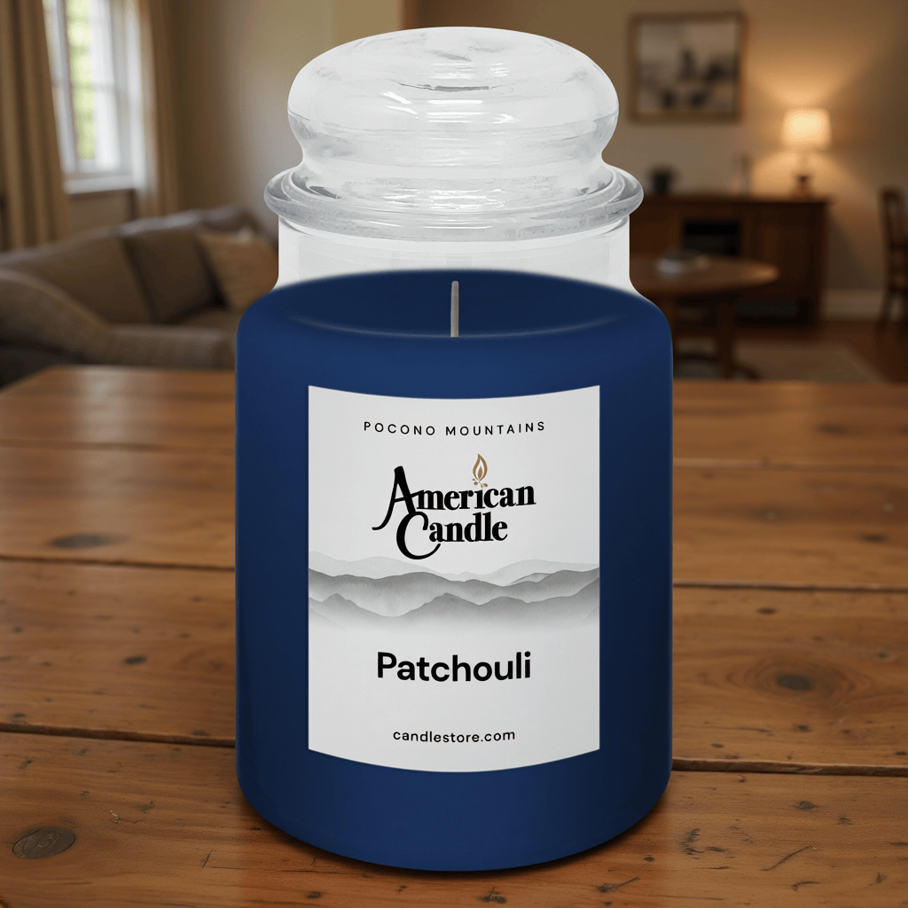 American Candle Patchouli Scented Jar Candle on Wooden Table in the Family Room