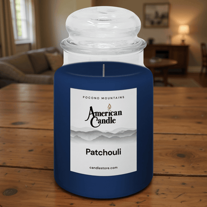 American Candle Patchouli Scented Jar Candle on Wooden Table in the Family Room