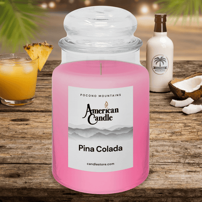 American Candle Pina Colada Scented Jar Candle on Wooden Table at the Beach
