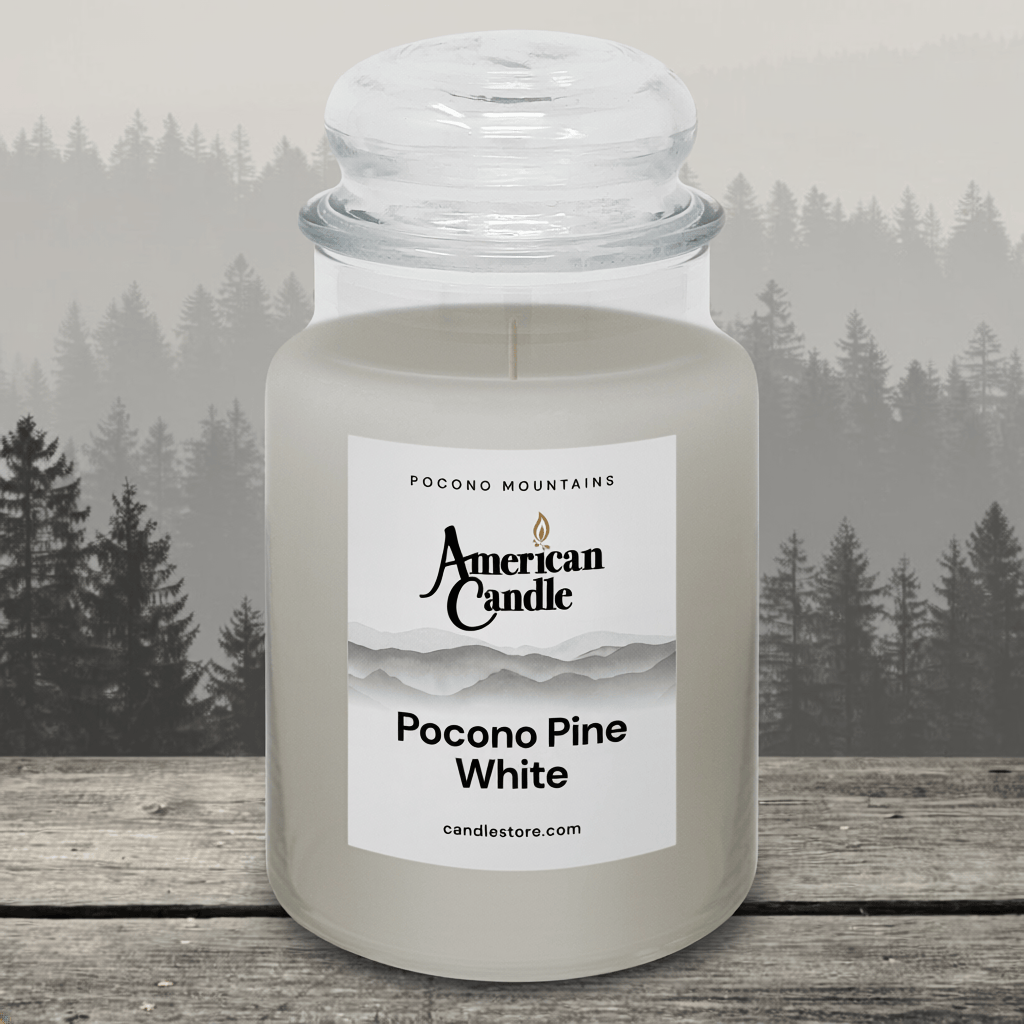 American Candle Pocono Pine White Scented Jar Candle on a Wooden Table on Wintery Cold Day