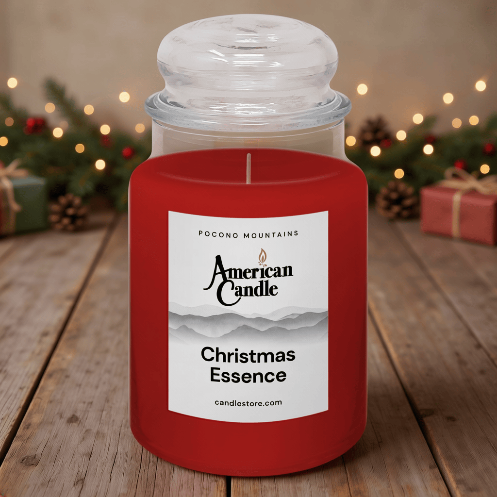 American Candle Scented Jar Christmas Essence Candle on a wooden table with holiday festive background